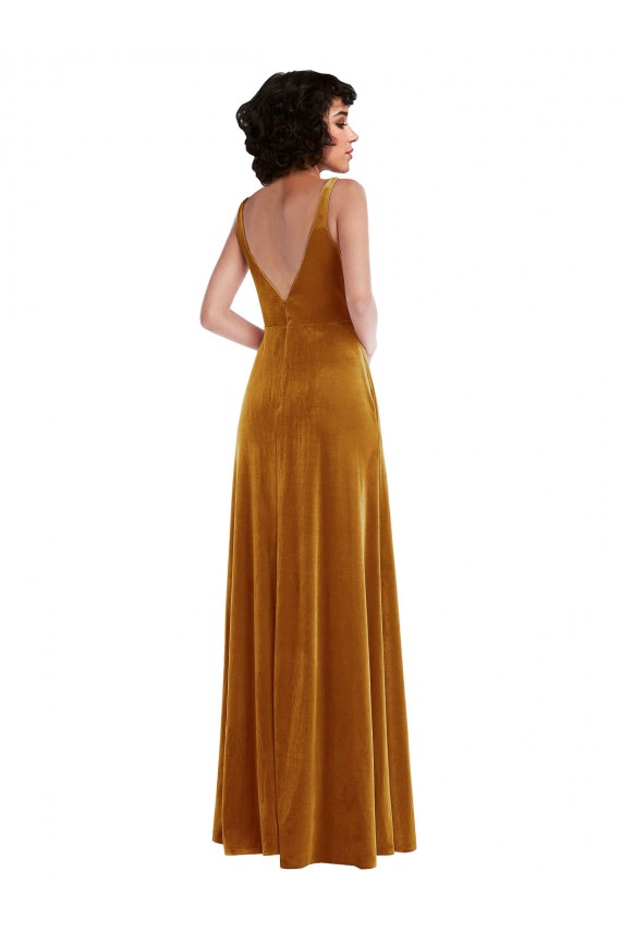 Buy V-Neck Long Stretch Velvet Gold Sleeveless Semi Formal Evening Dress UK