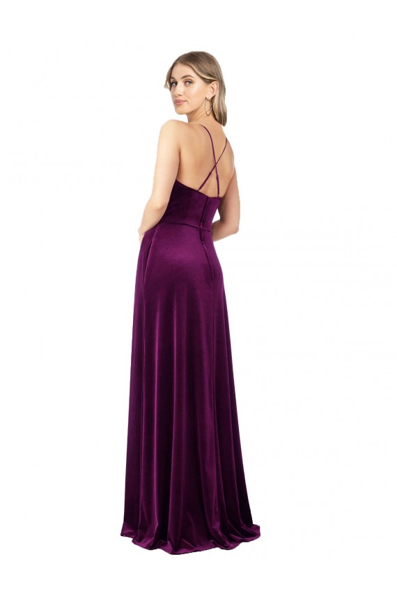 Buy V-Neck Long Stretch Velvet Grape Sleeveless Formal Evening Dress UK