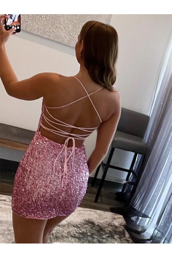 Buy Spaghetti Straps Short Velvet Sequin Hot Pink Sleeveless Evening Dress UK