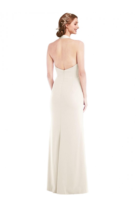 Buy Halter Neck Long Stretch Crepe Ivory Sleeveless Semi Formal Evening Dress UK