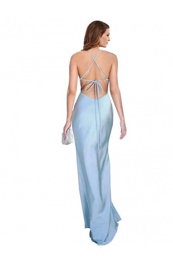 Buy Cowl Neck Long Silky Satin Light Sky Blue Sleeveless Formal Evening Dress UK