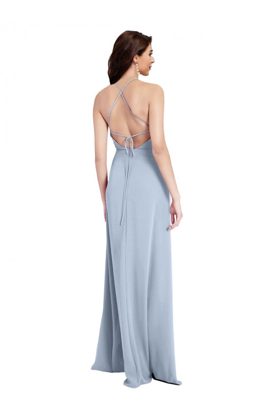Buy High Neck Long Stretch Crepe Light Sky Blue Sheath Sleeveless Formal Evening Dress UK
