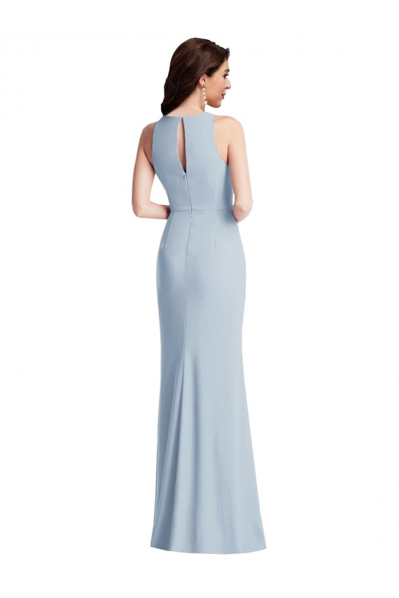 Buy Halter Neck Long Stretch Crepe Light Sky Blue Sleeveless Evening Gowns UK