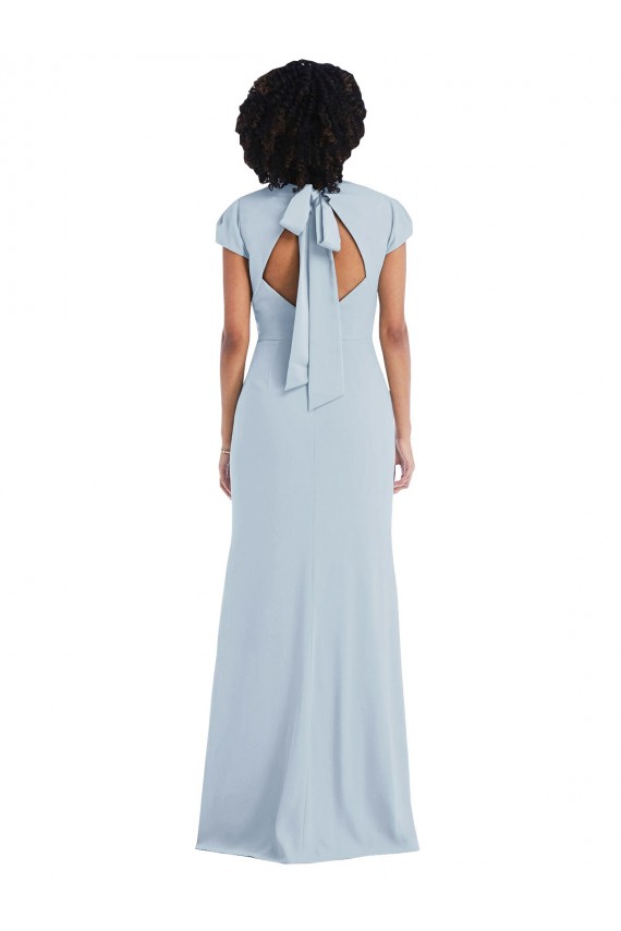 Buy Jewel Neck Long Stretch Crepe Light Sky Blue Cap Sleeves Semi Formal Evening Dress UK