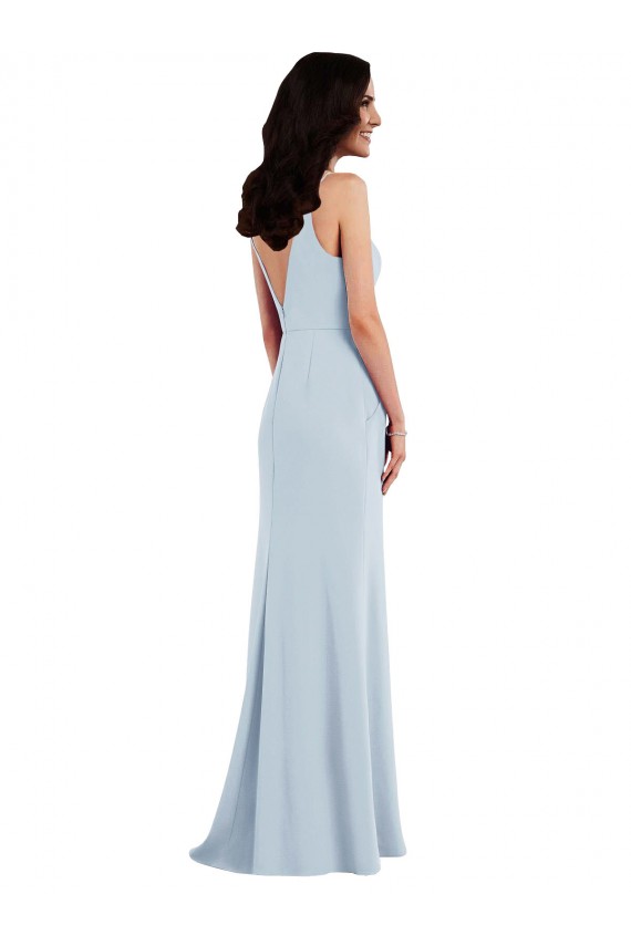 Buy V-Neck Long Stretch Crepe Light Sky Blue Sleeveless Evening Dress UK