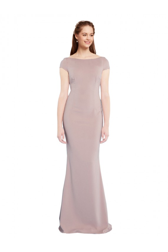 Buy Boat Neck Long Stretch Crepe Dusty Pink Cap Sleeves Formal Evening Dress UK
