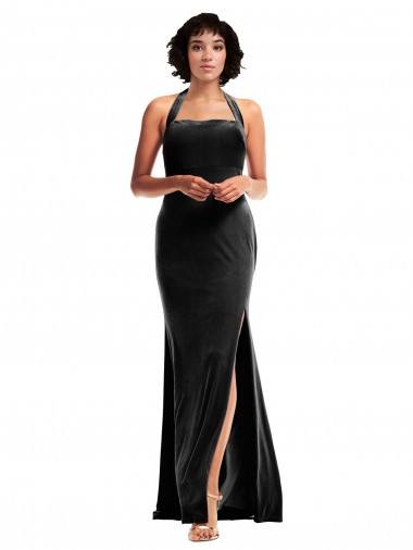 Buy Halter Neck Long Stretch Velvet Black Sleeveless Formal Evening Dress UK