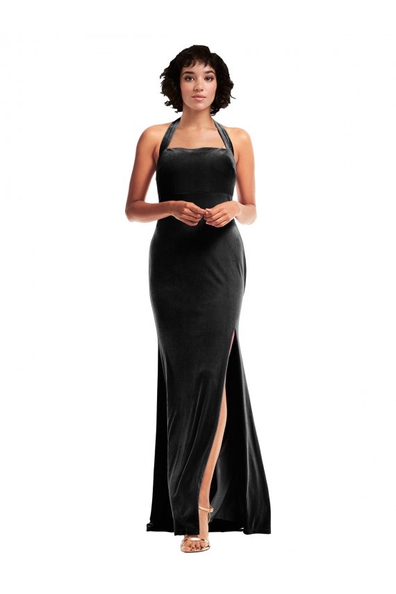 Buy Halter Neck Long Stretch Velvet Black Sleeveless Formal Evening Dress UK