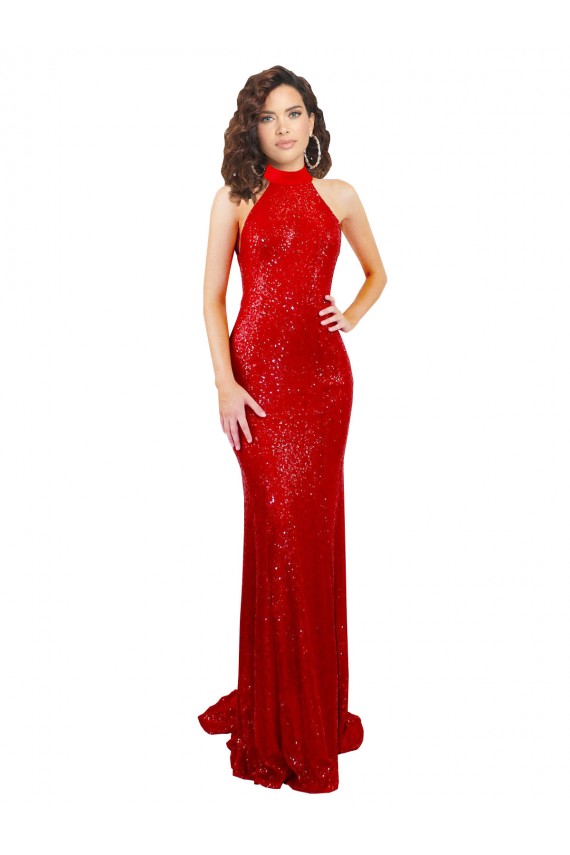 Buy High Neck Long Sequin Red Sleeveless Formal Evening Dress UK