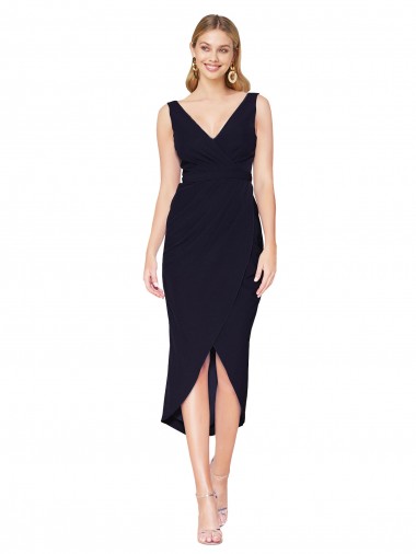 Buy High Neck Knee Length Stretch Crepe Dark Navy Sleeveless High Low Evening Dress UK