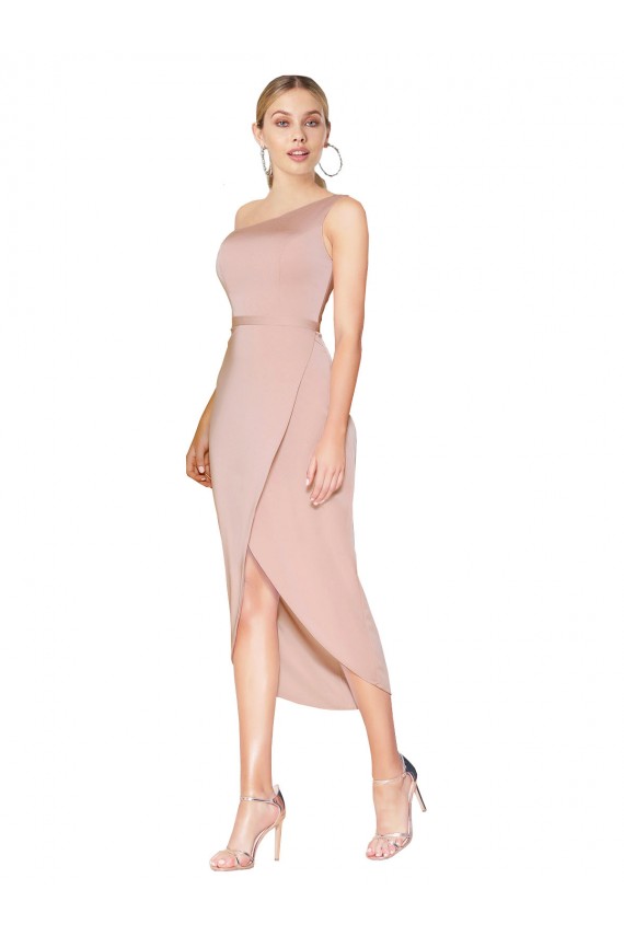Buy High Neck Knee Length Stretch Crepe Mauve Sleeveless Evening Dress UK