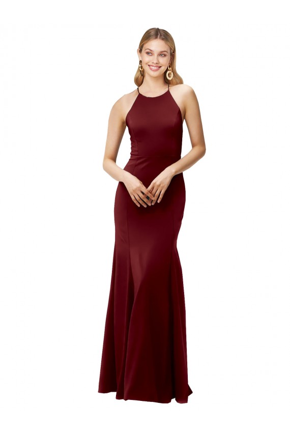 Buy High Neck Long Stretch Crepe Burgundy Gold Sleeveless Formal Evening Dress UK