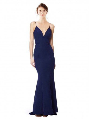 Buy High Neck Long Stretch Crepe Navy Blue Sleeveless Evening Gown UK
