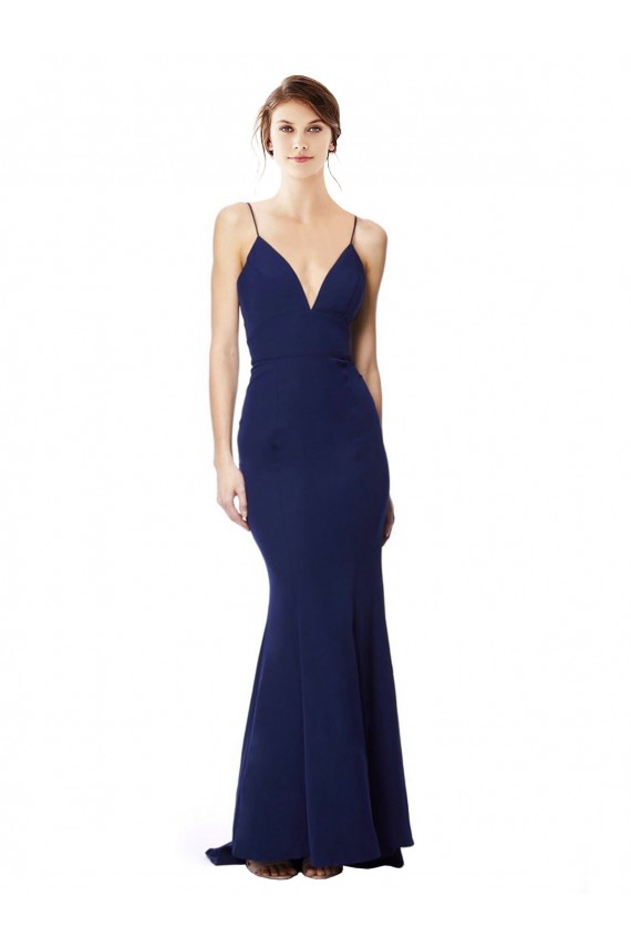 Buy High Neck Long Stretch Crepe Navy Blue Sleeveless Evening Gown UK