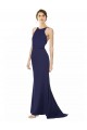 Buy High Neck Long Stretch Crepe Navy Blue Sleeveless Formal Evening Dress UK