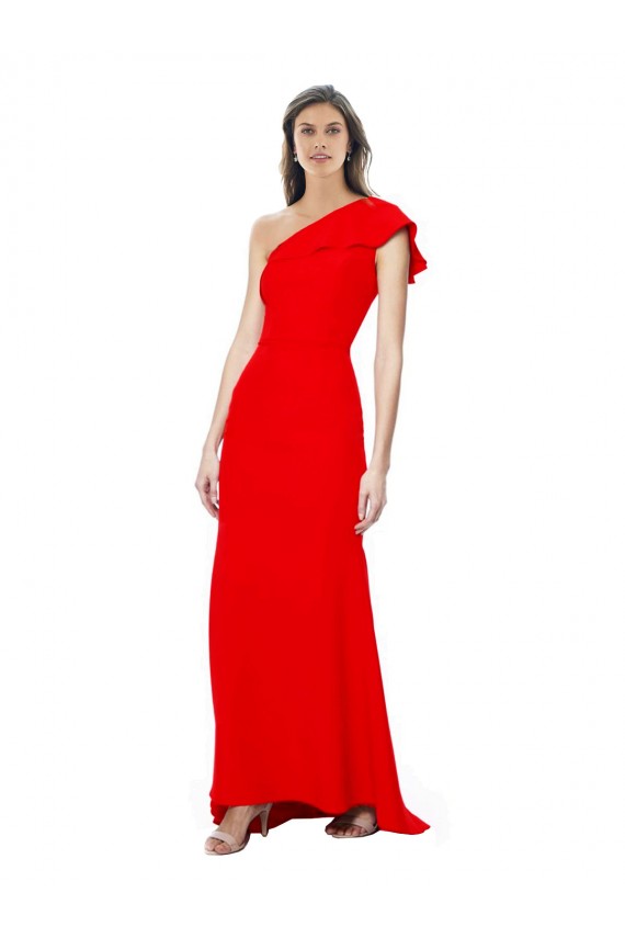 Buy High Neck Long Stretch Crepe Red Sleeveless One Shoulder Evening Dress UK
