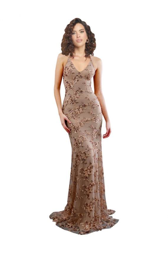 Buy High Neck Long Stretch Crepe & Sequin Tulle Rose Gold Sleeveless Formal Evening Dress UK