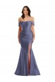 Buy Off the Shoulder Long Silky Satin French Blue Sleeveless Black Tie Plus Size Evening Dress UK