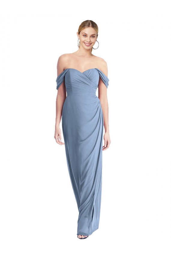 Buy Off the Shoulder Long Soft Chiffon Dusty Blue Sleeveless Semi Formal Evening Dress UK