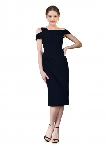 Buy Off the Shoulder Cocktail Length Stretch Crepe Dark Navy Sleeveless Formal Evening Dress UK