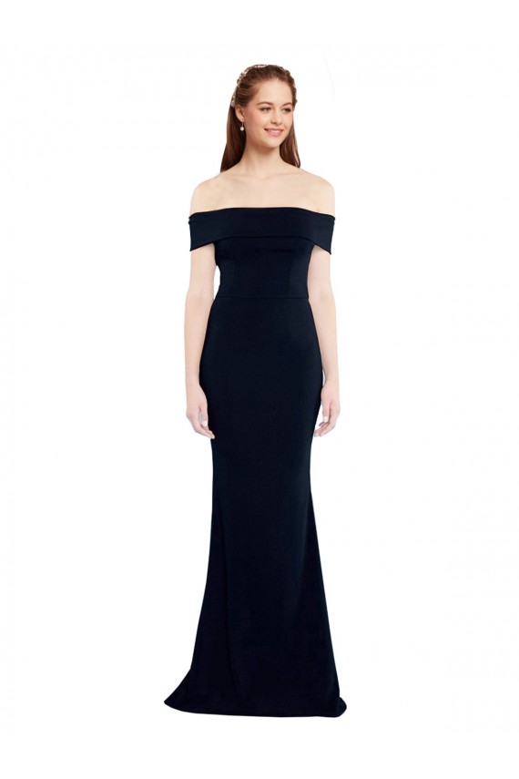 Buy Off the Shoulder Long Stretch Crepe Dark Navy Sleeveless Evening Dress UK