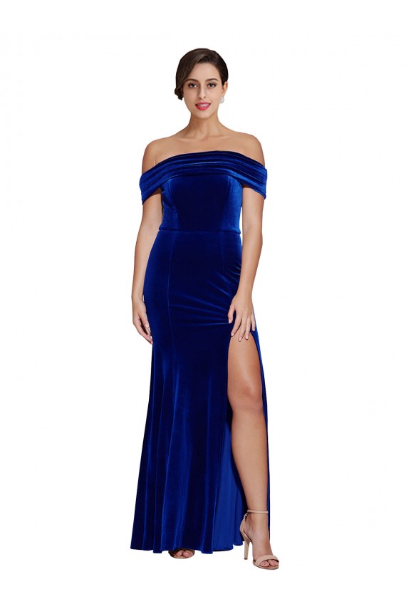 Buy Off the Shoulder Long Stretch Velvet Royal Blue Sleeveless Formal Evening Dress UK