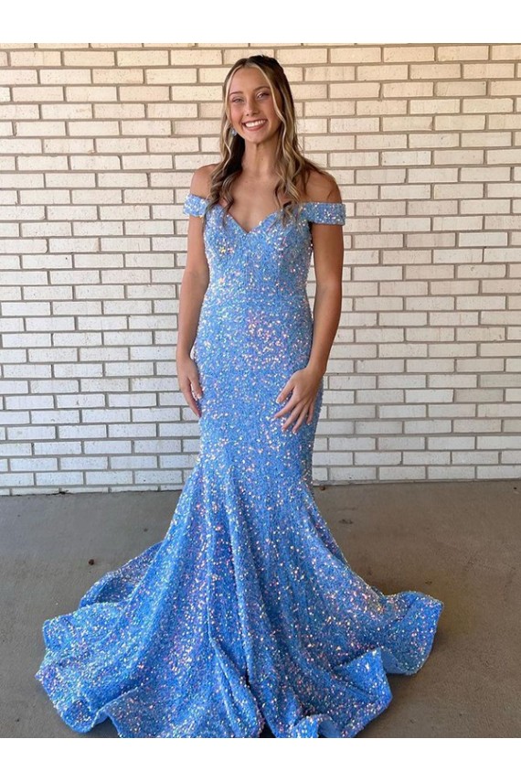 Buy Off the Shoulder Long Velvet Sequin Periwinkle Sleeveless Evening Dress UK