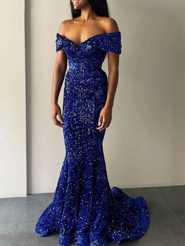 Buy Off the Shoulder Sweep Train Velvet Sequin Royal Blue Sleeveless Evening Dresses UK