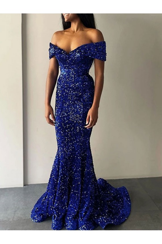 Buy Off the Shoulder Sweep Train Velvet Sequin Royal Blue Sleeveless Evening Dresses UK