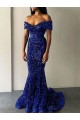 Buy Off the Shoulder Sweep Train Velvet Sequin Royal Blue Sleeveless Evening Dresses UK