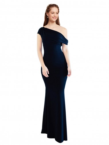 Buy One Shoulder Long Stretch Crepe Dark Navy Sleeveless Formal Evening Dress UK