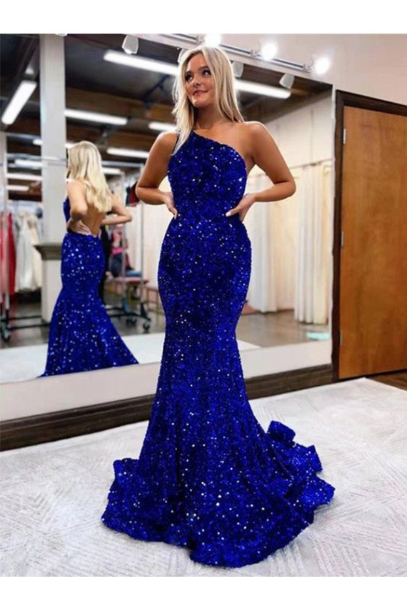 Buy One Shoulder Sweep Train Velvet Sequin Royal Blue Sleeveless Evening Dress UK