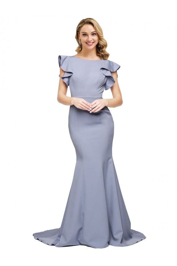 Buy Round Neck Sweep Train Stretch Crepe Smoke Blue Sleeveless Formal Evening Dress UK