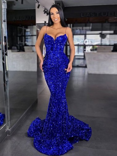Buy Spaghetti Straps Sweep Train Velvet Sequin Royal Blue Sleeveless Evening Gown UK