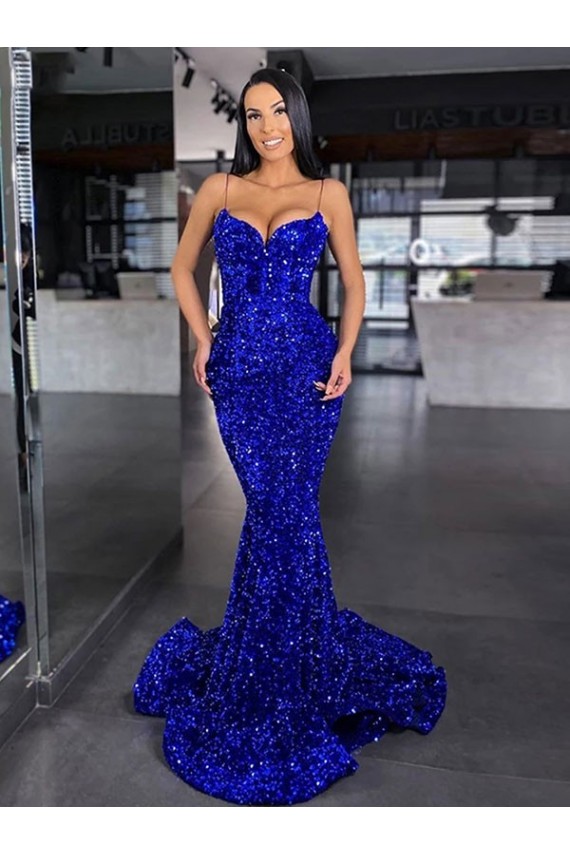 Buy Spaghetti Straps Sweep Train Velvet Sequin Royal Blue Sleeveless Evening Gown UK