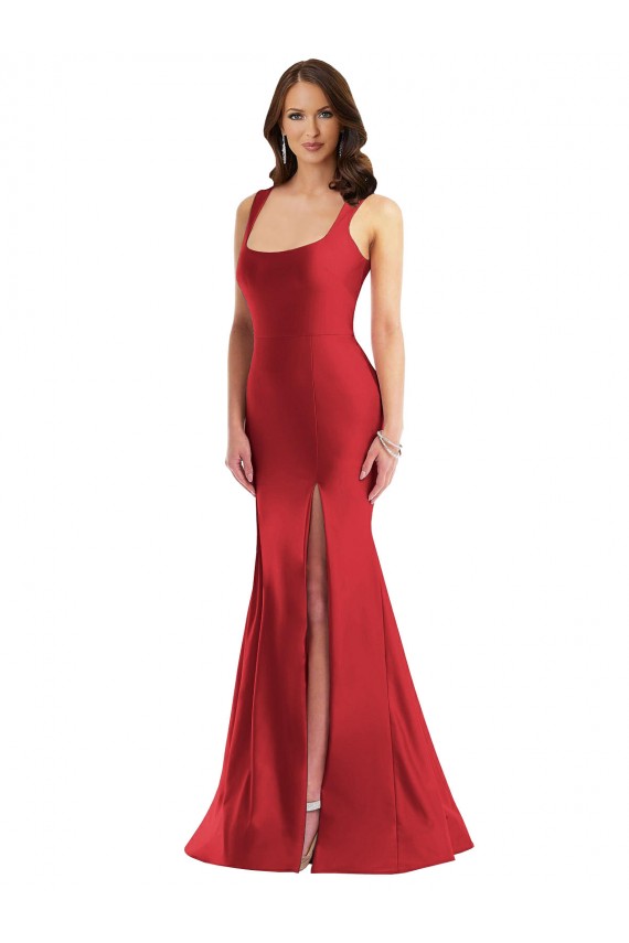 Buy Square Neck Long Silky Satin Red Sleeveless Plus Size Formal Evening Dress UK
