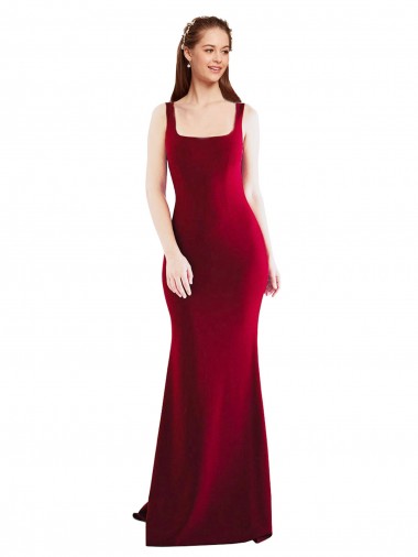 Buy Square Neck Long Stretch Crepe Burgundy Sleeveless Formal Evening Dress UK