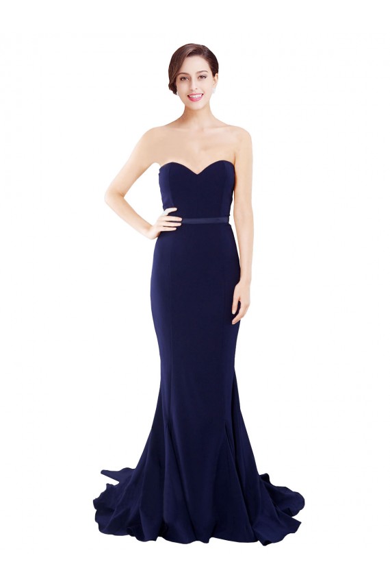 Buy Strapless Sweep Train Stretch Crepe Dark Navy Sleeveless Semi Formal Evening Dress UK