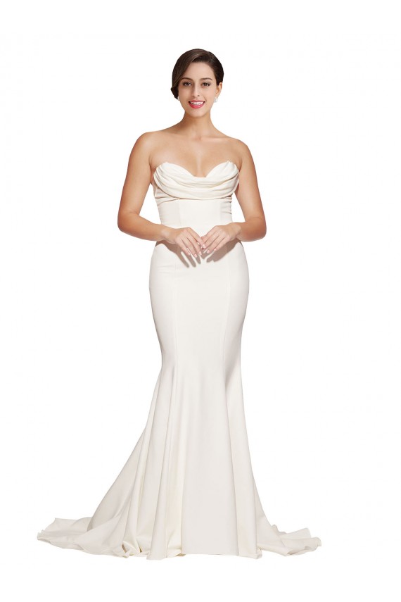 Buy Strapless Sweep Train Stretch Satin Ivory Sleeveless Formal Evening Dress UK