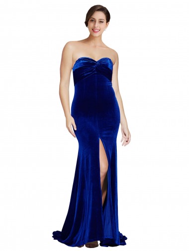 Buy Strapless Sweep Train Stretch Velvet Royal Blue Sleeveless Formal Evening Dress UK