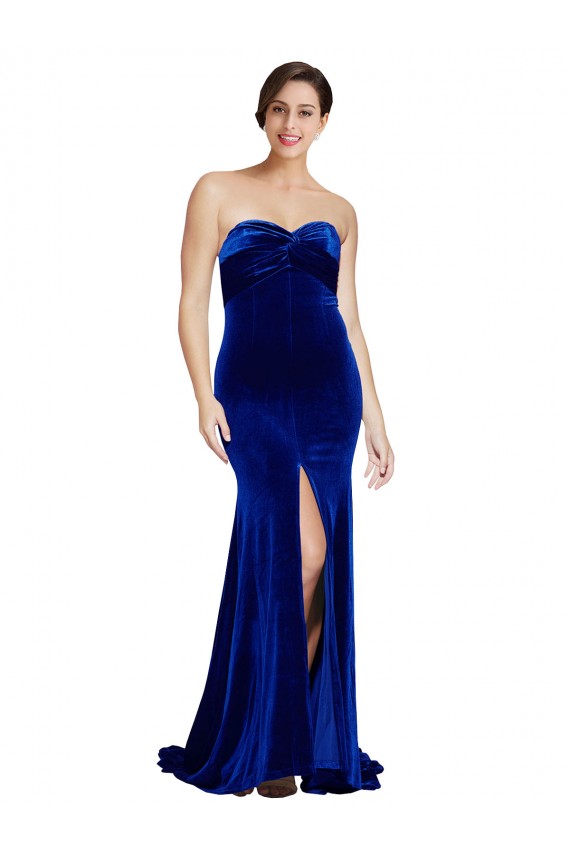 Buy Strapless Sweep Train Stretch Velvet Royal Blue Sleeveless Formal Evening Dress UK