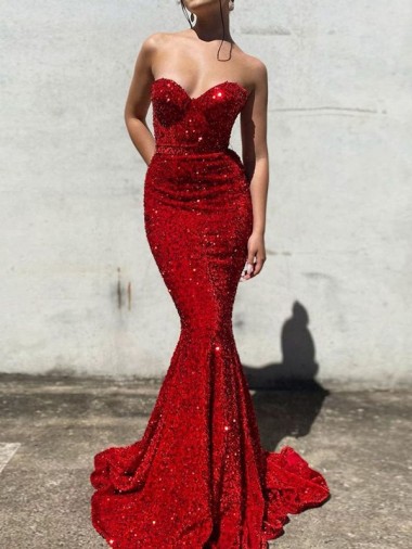 Buy Sweetheart Court Train Velvet Sequin Burgundy Sleeveless Evening Dress UK