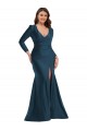 Buy V-Neck Long Silky Satin Atlantic Blue Long Sleeves Plus Size Formal Evening Dress UK