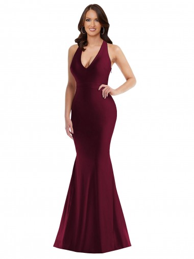 Buy V-Neck Long Silky Satin Burgundy Sleeveless Plus Size Formal Evening Dress UK