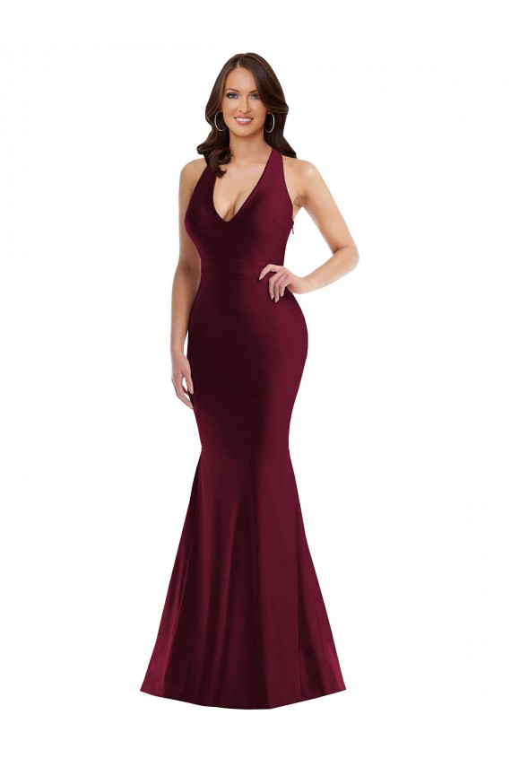 Buy V-Neck Long Silky Satin Burgundy Sleeveless Plus Size Formal Evening Dress UK
