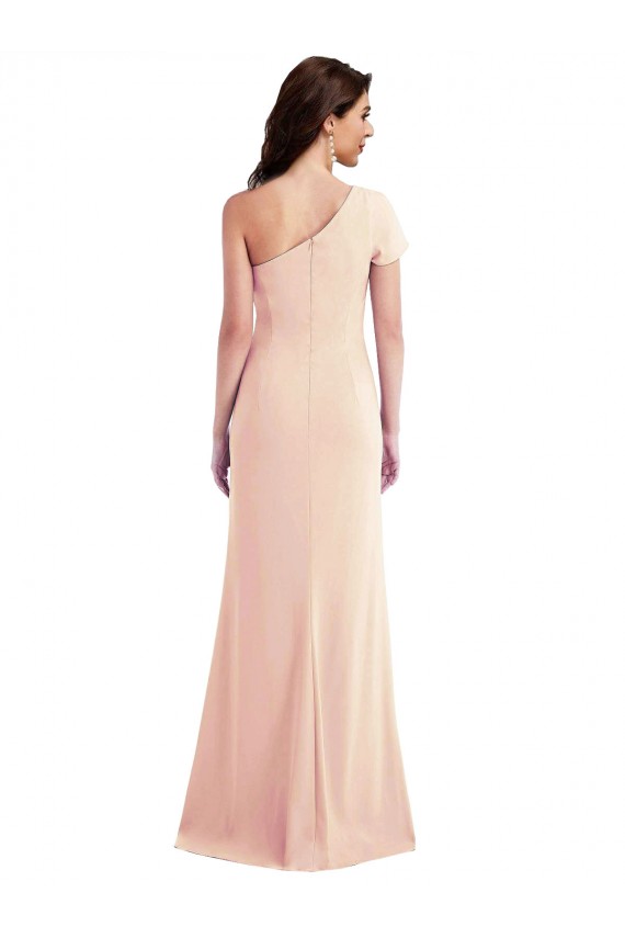 Buy One Shoulder Long Stretch Crepe Nude Cap Sleeves Formal Evening Dress UK