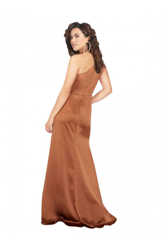 Buy One Shoulder Long Silky Satin Orange Sleeveless Evening Dress UK