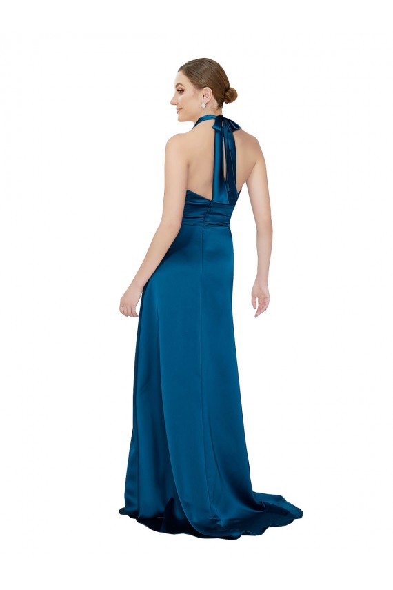Buy Halter Neck Long Silky Satin Peacock Blue Sleeveless Formal Evening Dress UK