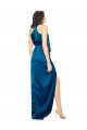 Buy High Neck Long Silky Satin Peacock Blue Sleeveless Formal Evening Dress UK
