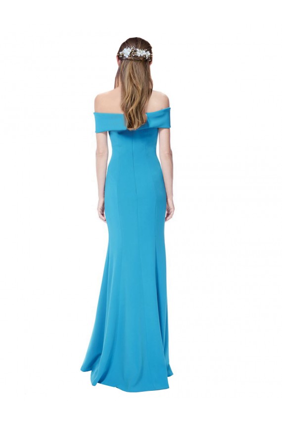 Buy Off the Shoulder Long Stretch Crepe Peacock Blue Sleeveless Evening Dress UK